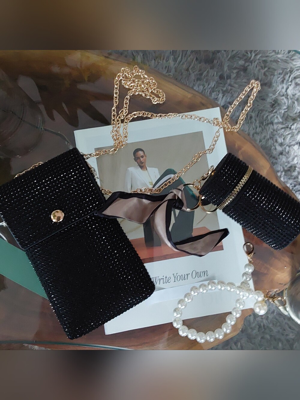 BLACK TINY CRYSTAL PHONE CROSSBODY WITH LIPSTICK CASE